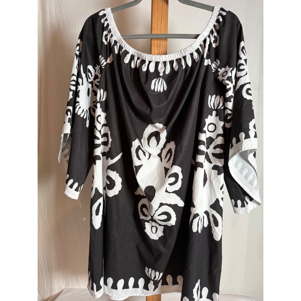 Womens Black White Floral Graphic Off Shoulder Tunic Kimono Sleeve Blouse Top